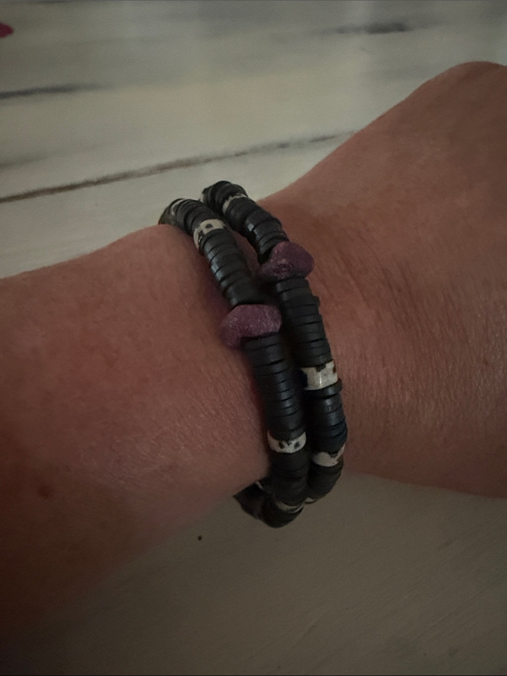 Double-Strand Black Beaded Wrap Bracelet with Ruby and Dalmatian Jasper Accent
